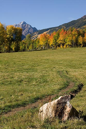 [© Study In Two Rocks by Judy Hill is described with Color, Warm, Farm, Mountain, Woods, Vertical, Fall, Fine Art, Stock, Blue, Gold, Green, Orange, Yellows, Maroon Bells-Snowmass Wilderness, Aspen, Colorado, Rockys, Rocky Mountain, Pyramid, Pyramid Peak, Foliage, Grass, Mt., Pasture, Path, Tree, Alpine, Mountains, Ranches, 2005, Cottonwoods, Aspens, golden hit 18900 rate ]