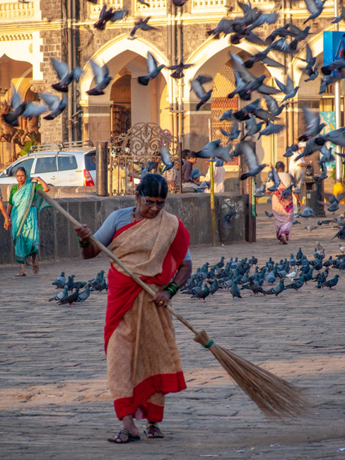 [© Birds fly while woman sweeps by Judy Hill Lovins is described with Color, Vertical, International, Fine Art, Woman, Broom, Blue, Yellow, Warm, Gray, Bird, Red, Orange, India, remix hit 12889 rate ]