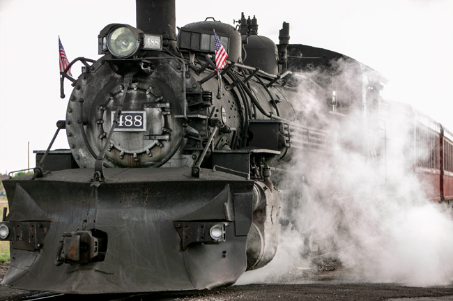 [© Engine 488 by Judy Hill Lovins is described with Color, Fine Art, 5/19 for web, black, white, flag, narrow guage, railroad, smoke, Cumbres and Toltek Railway, Horizontal, retro hit 11662 rate ]