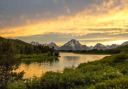 [© Mount Moran at Dusk by Amory B. Lovins is described with Fine Art, Stock, Grand Teton National Park, Sunset, Horizontal, Mountain, Water, River, Mt. Moran, Clouds, yellow, green, grey, Rocky Mountains, retro hit 36807 rate ]
