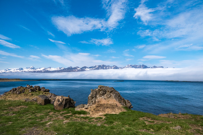 [© Fjord and Cloudbank by Judith Hill Lovins is described with Iceland, Spring, Fall, Fine Art, Horizontal, Color, Cool, Summer, Mountain, Slideshow, Blue, Gray, Green, White, Water, Cloud hit 9080 rate ]