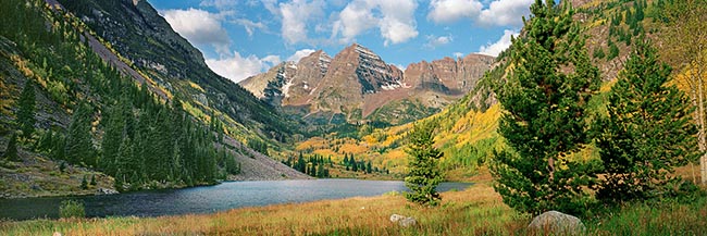 [© Fall Bells Panorama by Judy Hill is described with Stock, Color, Warm, Cool, Mountain, Water, Horizontal, Panorama, Fall, Blue, Gold, golden, Green, White, Colorado, Maroon Bells, Maroon Lake, Elk Range, Roaring Fork Valley, Rocky Mountain, White River National Forest, Maroon Bells-Snowmass Wilderness, Air, Blue sky, Clouds, Lake, Grass, Tree, Mt., Mountains, Fine Art, retro hit 30726 rate ]